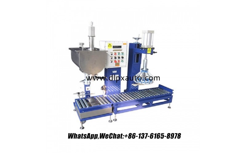 半自動料斗式丙酰氯金屬桶液體灌裝機(jī)，適用于10L、15L、20L、25L、30L、50L